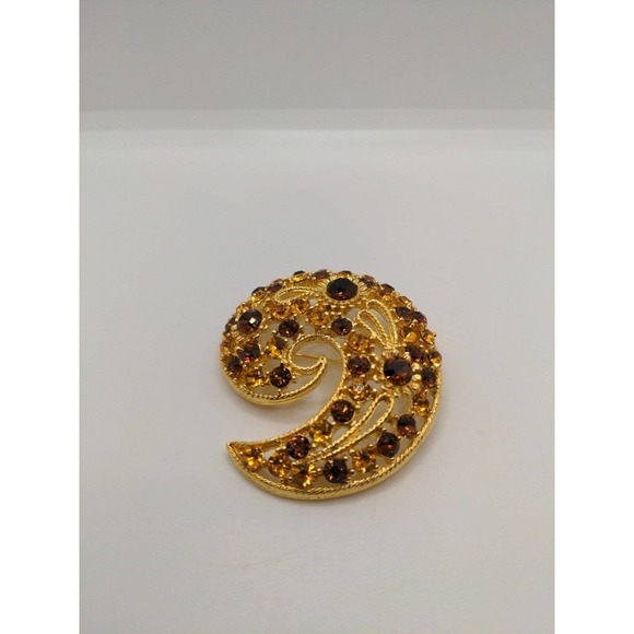 Vintage MJENT Gold Tone Brooch With Brown And Gold Crystal Crescent Circle Shape - Picture 5 of 13